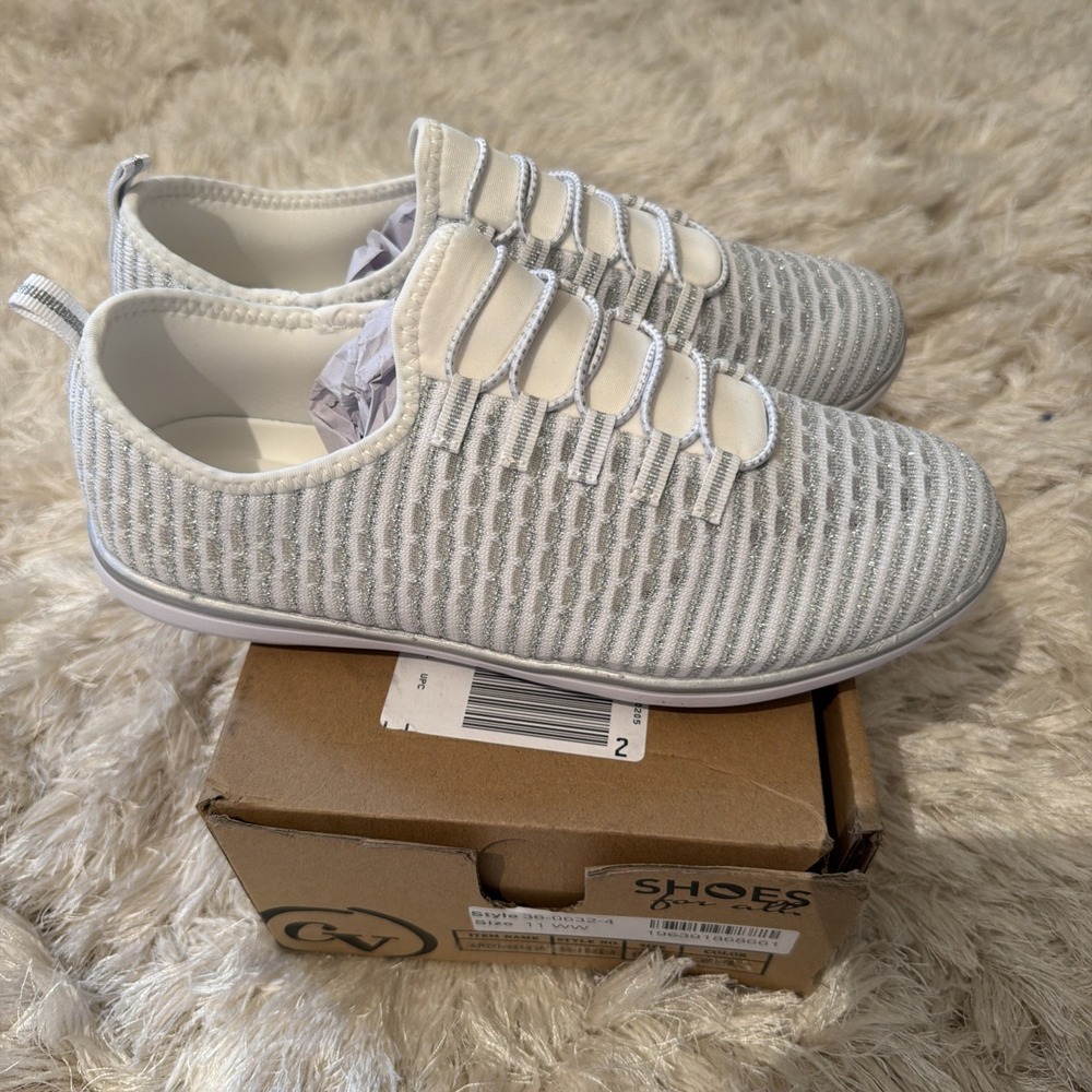 Comfortview Women's CV Sport Ariya White Silver Sparkle Slip On Sneaker 11 Wide